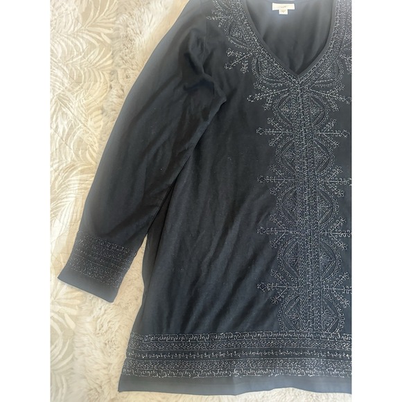 J Jill Top Womens M Black Floral Embroidered Thermal Waffle Knit Long Sleeve - Picture 2 of 8